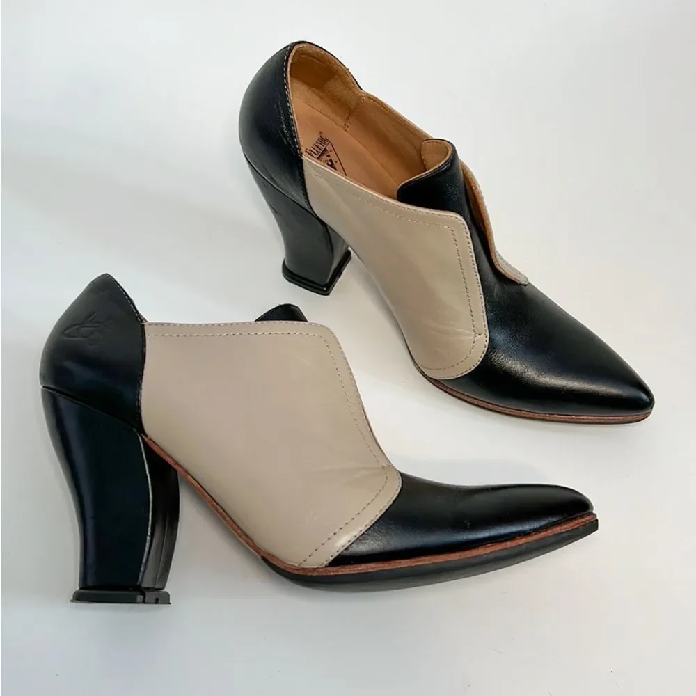 John Fluevog black and cream leather Danni slip on leather heels us women’s 7.5